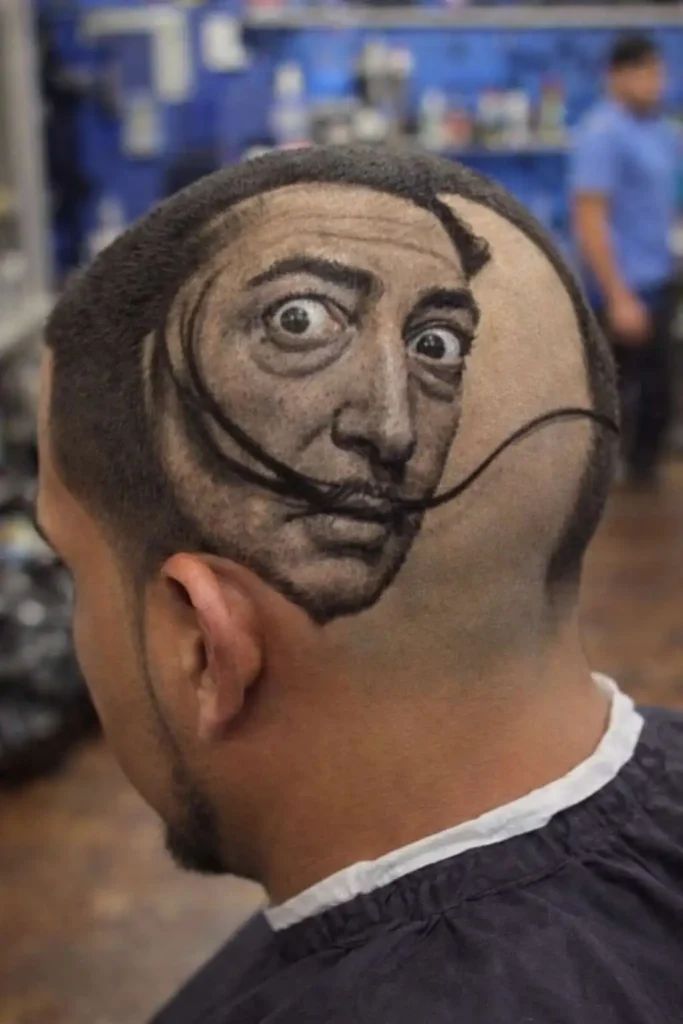Back of head haircut featuring an intricate portrait-style hair art design with detailed facial features shaved into closely cropped hair