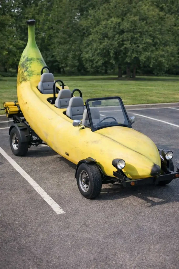 Banana-shaped novelty car with multiple seats parked in an open parking lot