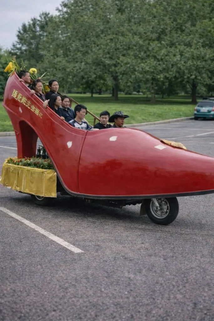 Bright red shoe car with yellow laces designed as a giant sneaker on wheels at a public event