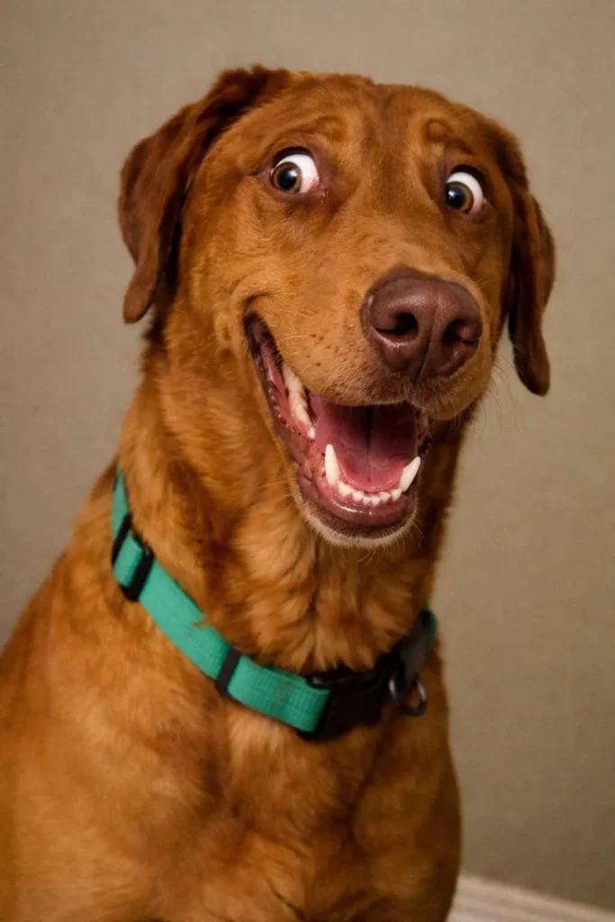 Brown dog with wide eyes and surprised expression, funny dog reaction meme image