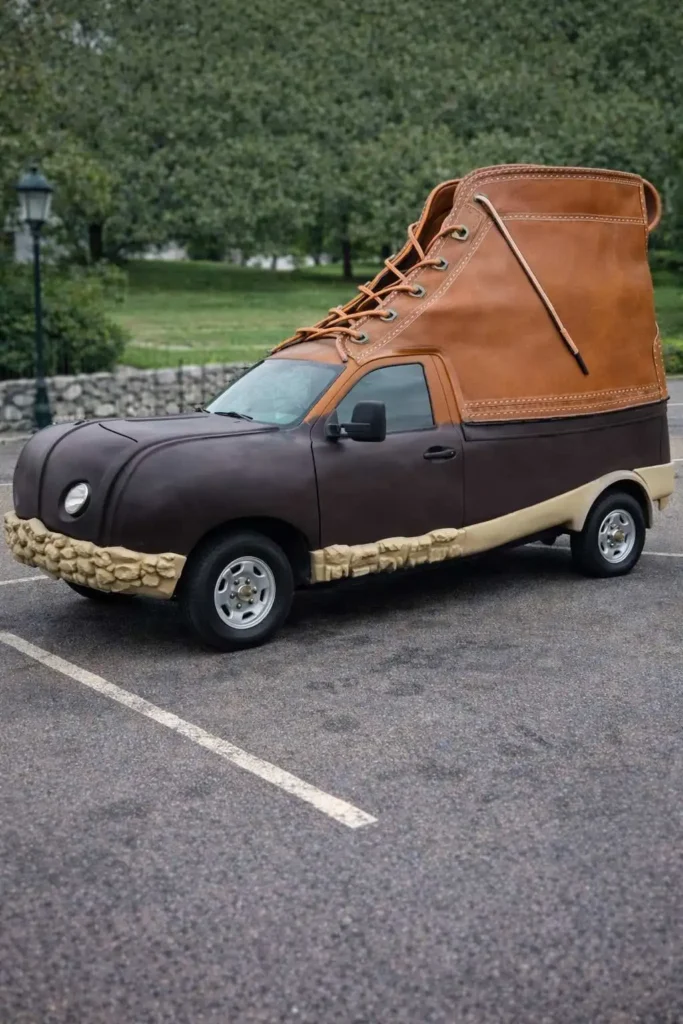Brown shoe-shaped pickup truck modified to look like a giant leather boot parked in a lot