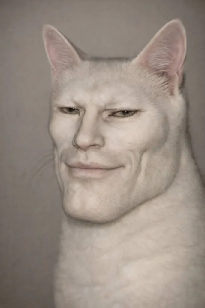 Chad meme style white cat with human-like face, goofy ahh cat portrait meme