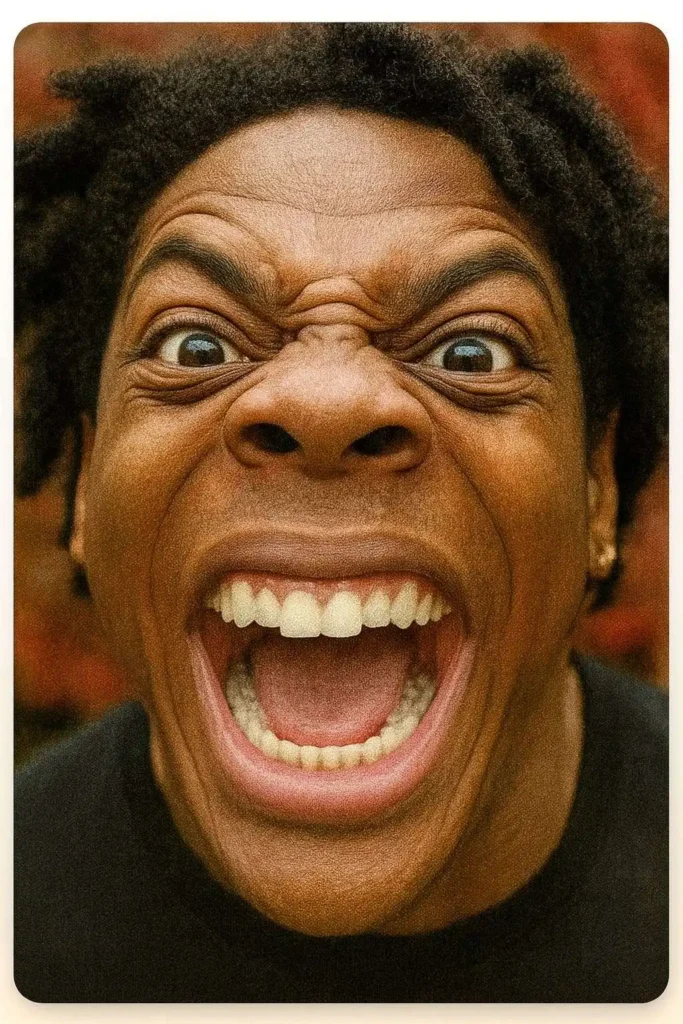 Close-up funny face with wide eyes and screaming expression