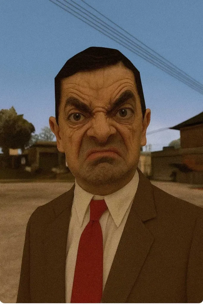 Comical angry facial expression with exaggerated frown and raised eyebrows