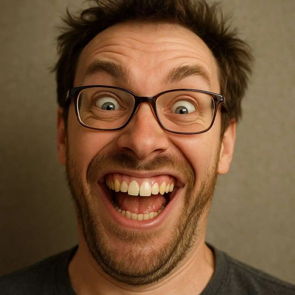 Comical close-up of a man wearing glasses laughing with mouth wide open and eyes exaggerated