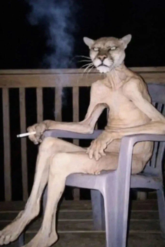 Cursed funny animal wallpaper of a cougar sitting on a chair holding a cigarette