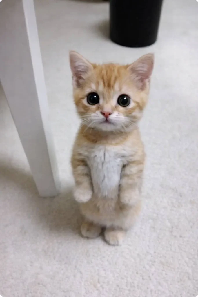 Cute goofy ahh kitten standing on hind legs with big eyes meme