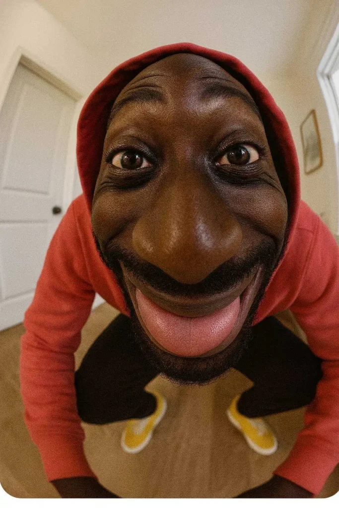 Extreme fisheye selfie of a man in a red hoodie making a goofy face with tongue out indoors