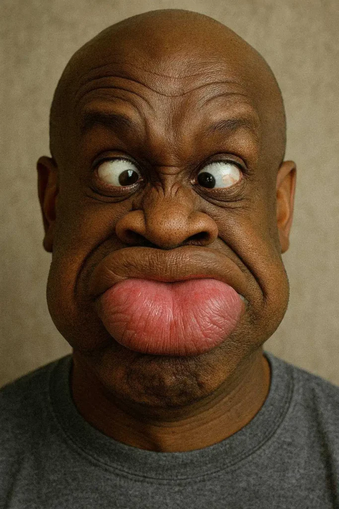 Extreme funny face with bulging eyes and oversized lips in a close-up portrait