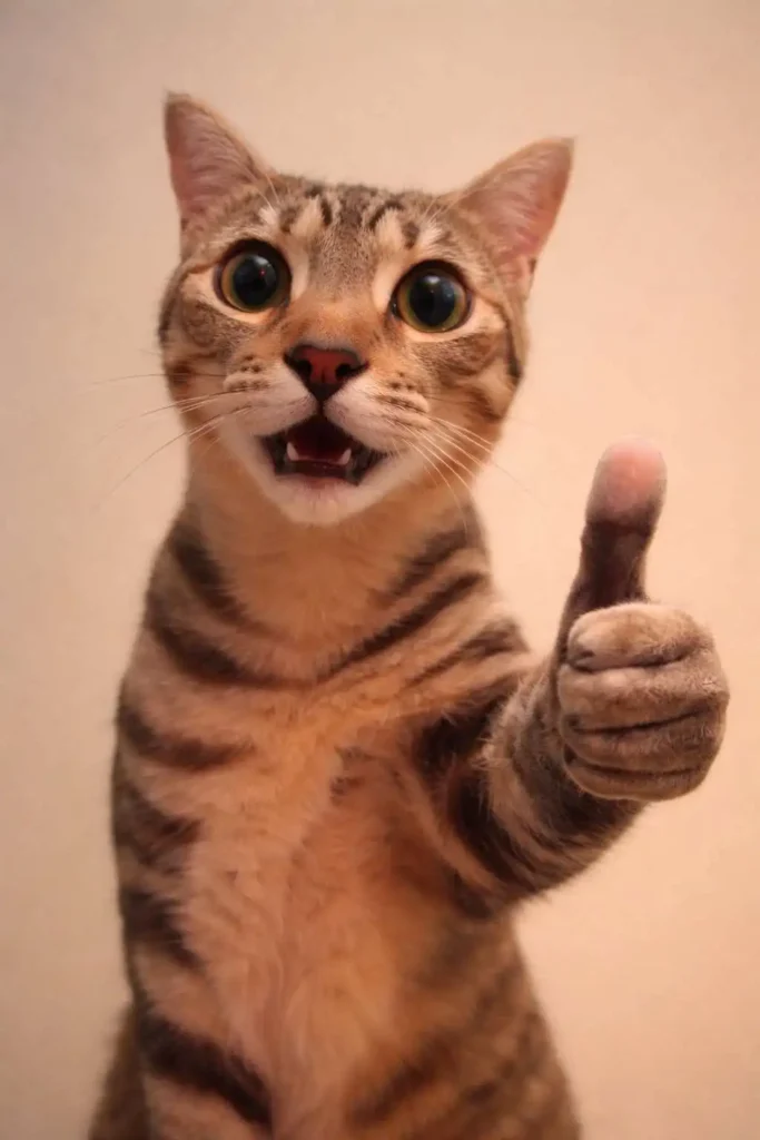 Funny cat meme wallpaper giving a thumbs up with wide eyes