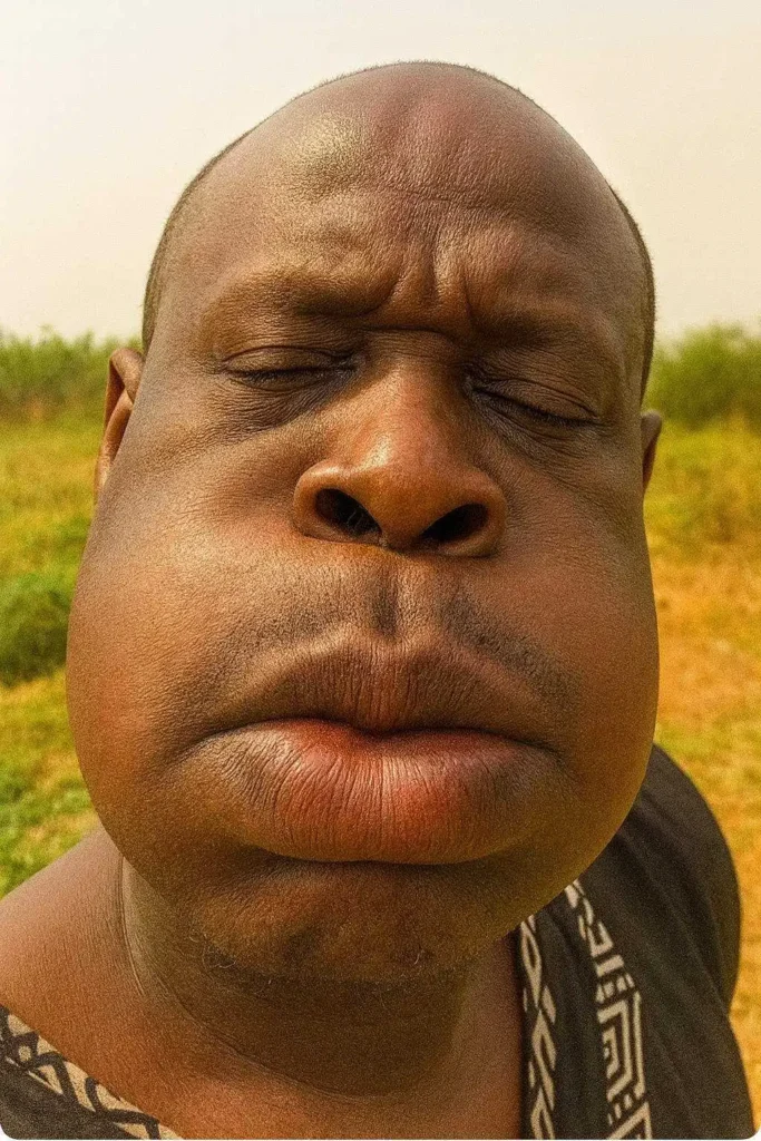 Funny close-up of a man outdoors with puffed cheeks and tightly closed eyes in a grassy field