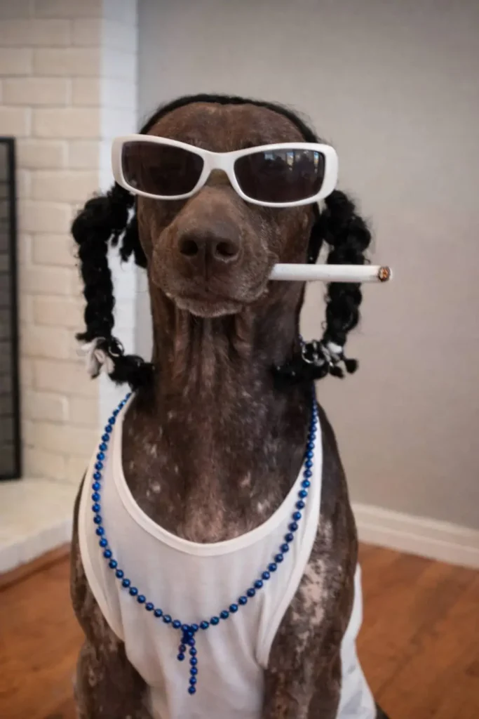 Funny dog wearing white sunglasses, braided pigtails, tank top, and blue bead necklace, goofy dog meme photo indoors