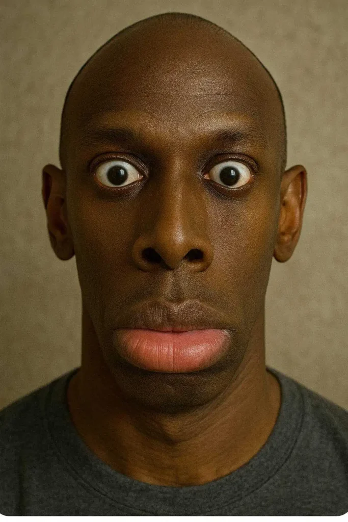 Funny surprised face staring straight ahead with exaggerated eyes and lips