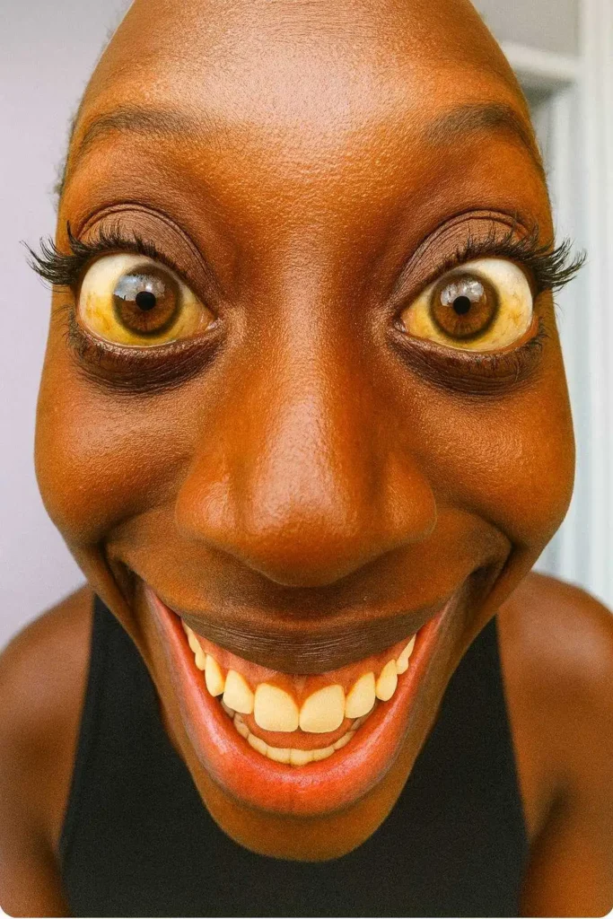 Funny wide-angle face with enlarged eyes and big smile