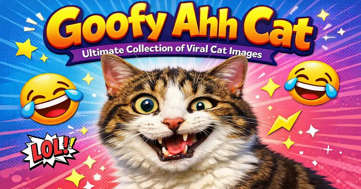 Goofy Ahh Cat meme with a funny exaggerated facial expression, wide eyes, and colorful background