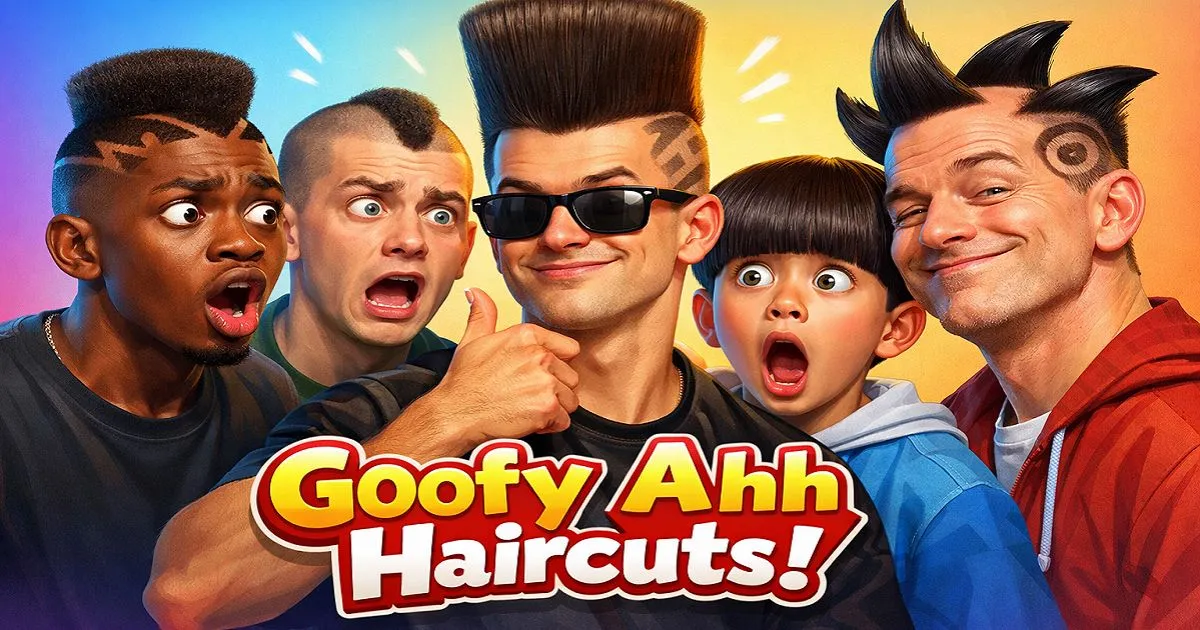 Goofy ahh haircut meme illustration showing people with funny, exaggerated haircuts and shocked facial expressions in a colorful viral style