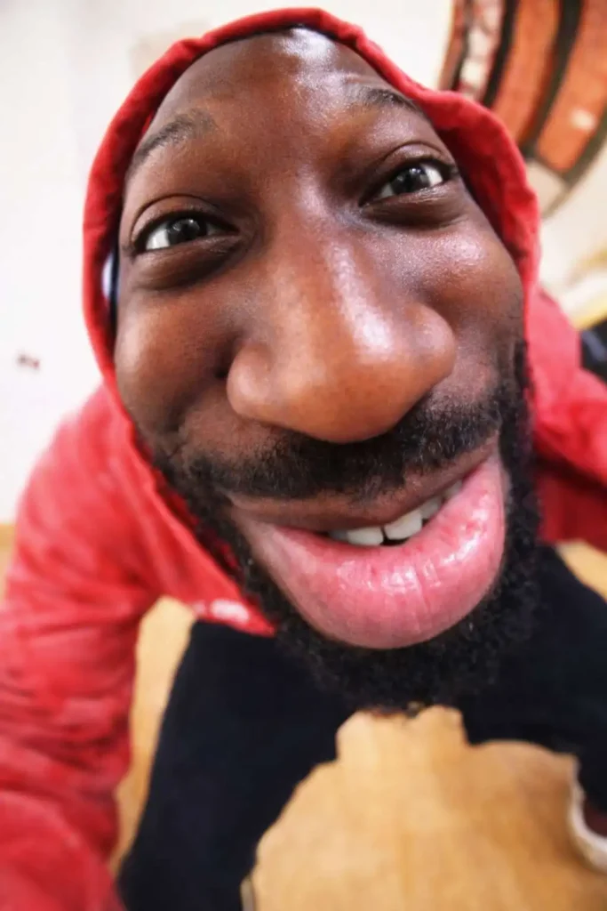 Goofy ahh meme image with extreme wide-angle face distortion