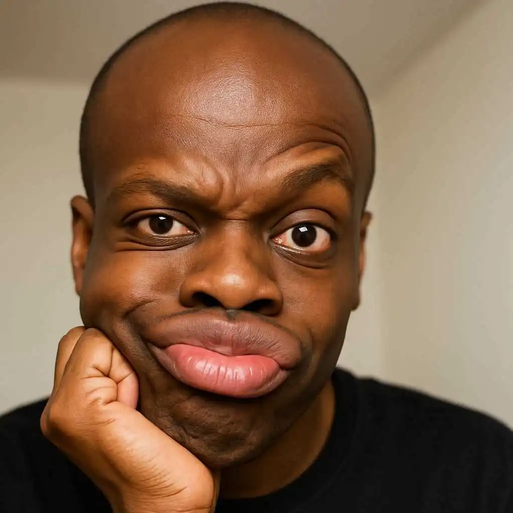 Goofy close-up portrait of a man resting his face on his hand with distorted lips and raised eyebrow