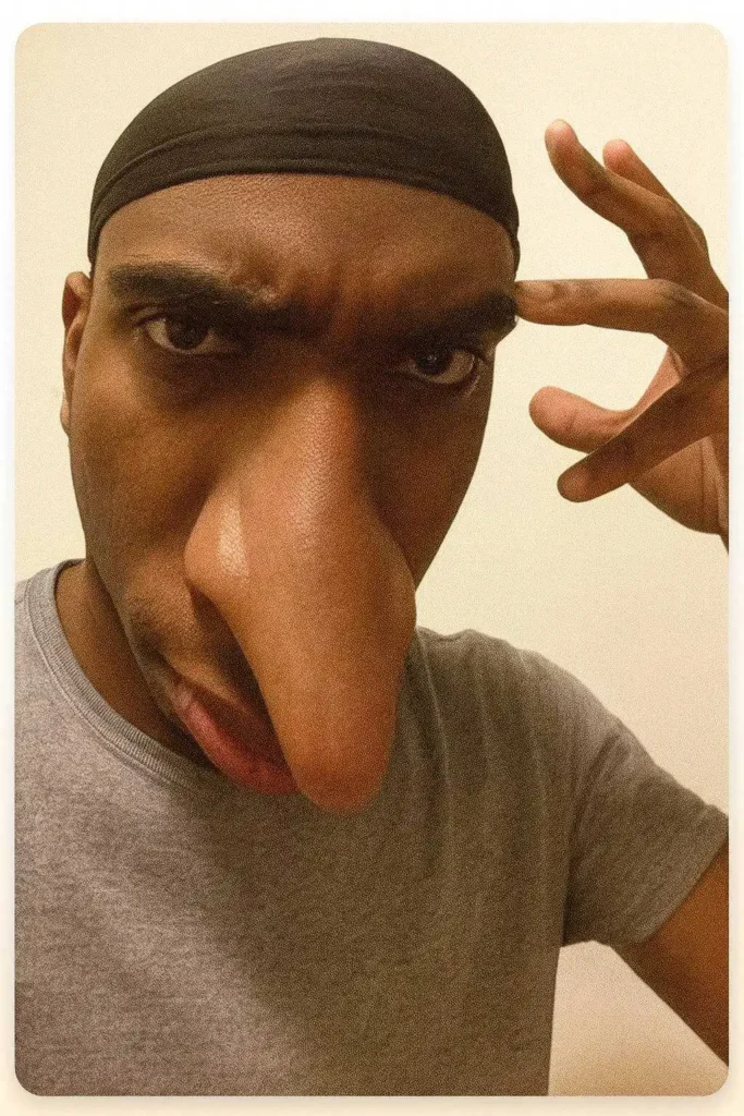 Goofy distorted face with enlarged nose and raised hand using wide-angle effect