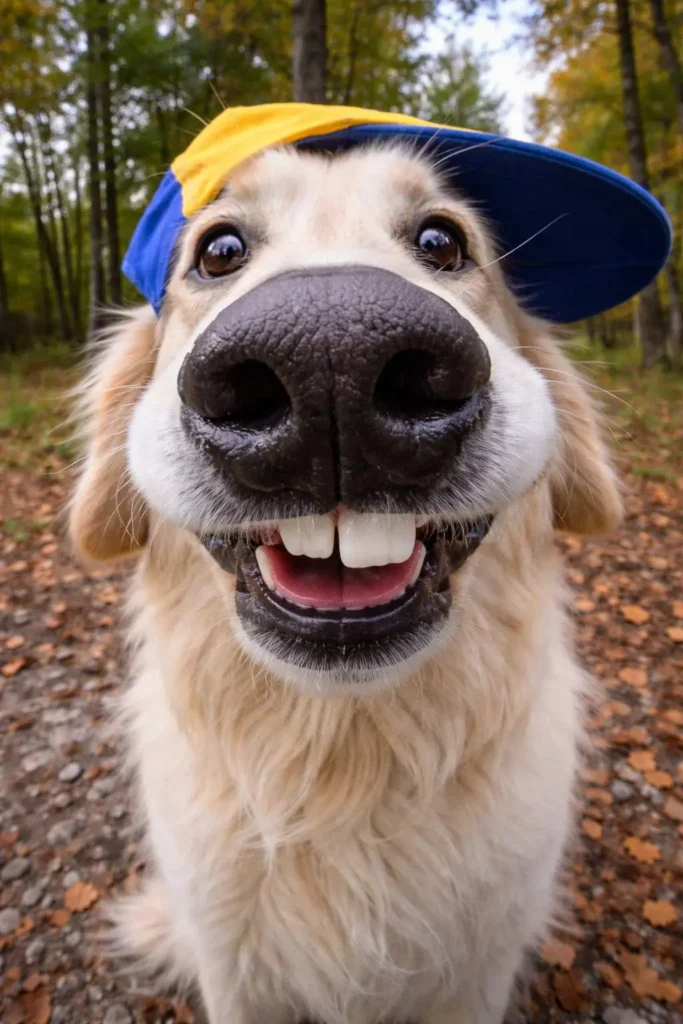 Goofy dog wearing a blue and yellow cap with an extreme close-up nose and big smile, funny dog meme photo outdoors