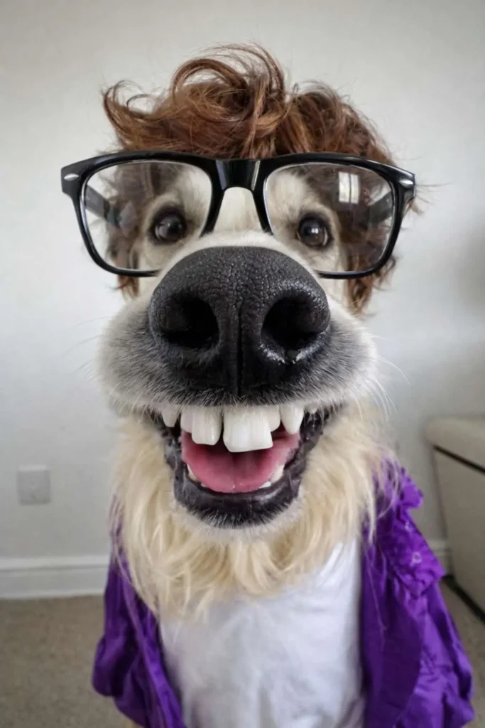 Goofy dog wearing glasses and a purple outfit with buck teeth smile, funny dog meme photo indoors