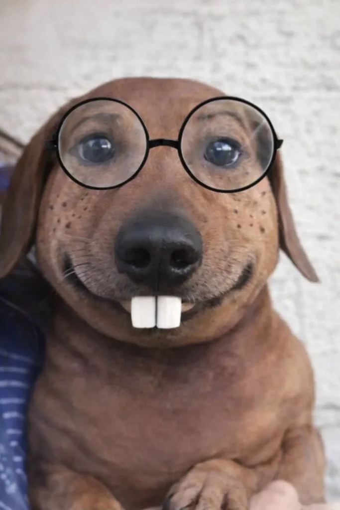 Goofy dog wearing round glasses and fake buck teeth, funny close-up dog meme photo