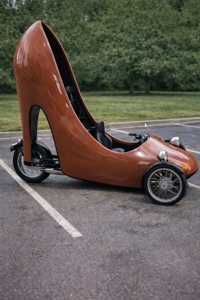 High-heel shoe-shaped custom vehicle with a glossy brown finish parked in a parking lot