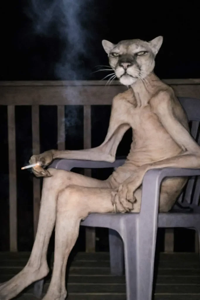Humorous image of a cougar sitting on a chair like a human at night, surreal animal meme photo