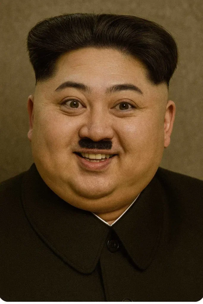 Humorous portrait of a man with a short haircut and small mustache smiling in a studio-style photo