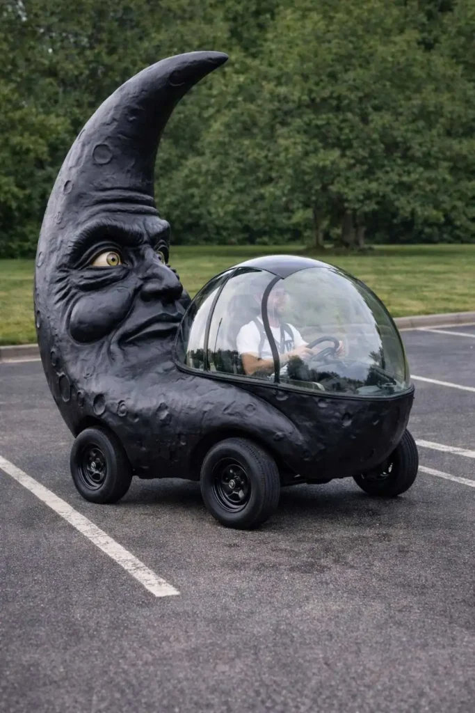 Moon-shaped art car with a human face and clear dome cockpit parked in a green park setting