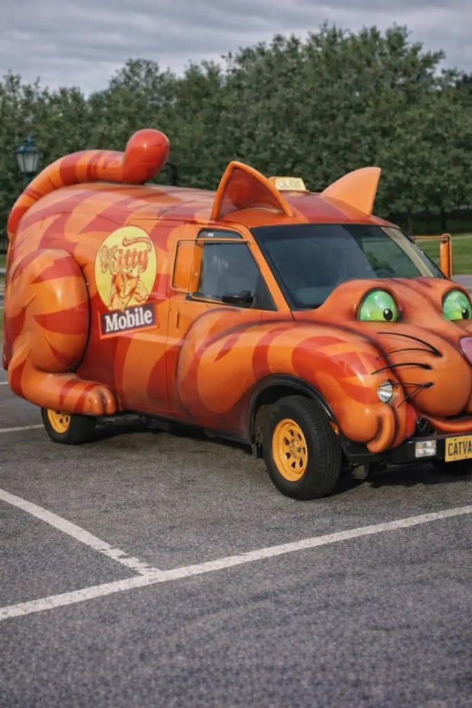Orange cat-shaped van called the Kitty Mobile with tail, ears, whiskers, and cartoon eyes