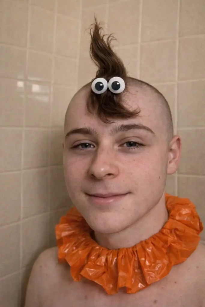 Person with a shaved head and a small upright mohawk tuft styled with googly eyes, creating a humorous and playful novelty hairstyle