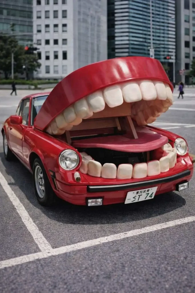 Red car modified with a giant open mouth and oversized teeth parked in an urban street