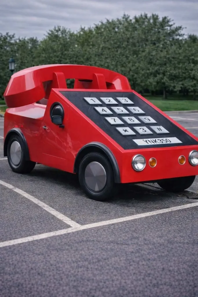 Red novelty car designed like a retro telephone with a keypad hood and handset roof parked outdoors