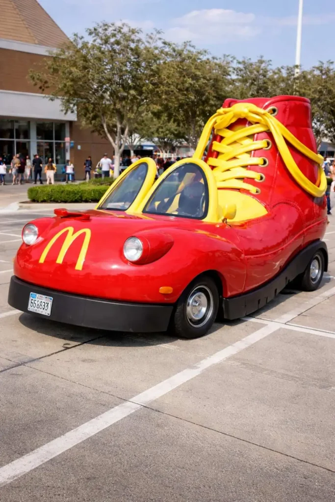 Red shoe-shaped novelty vehicle carrying passengers during a parade in a park setting