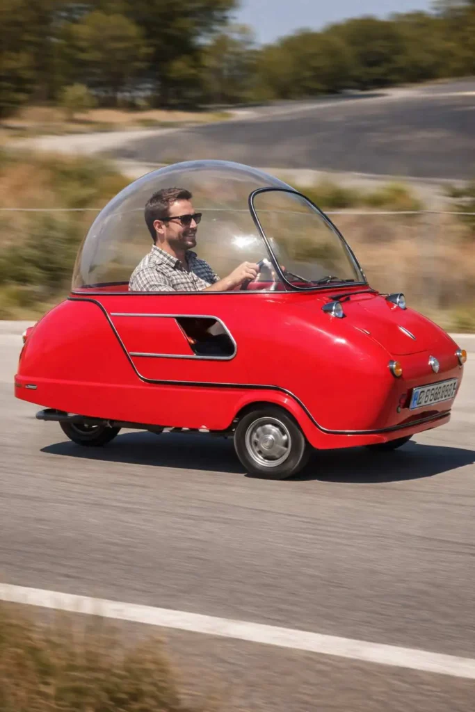 Tiny red bubble car with a clear dome roof driving on a road through the countryside
