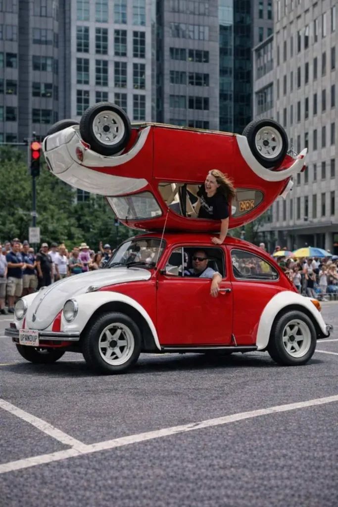 Two stacked Volkswagen Beetles with one upside down on top during a city parade