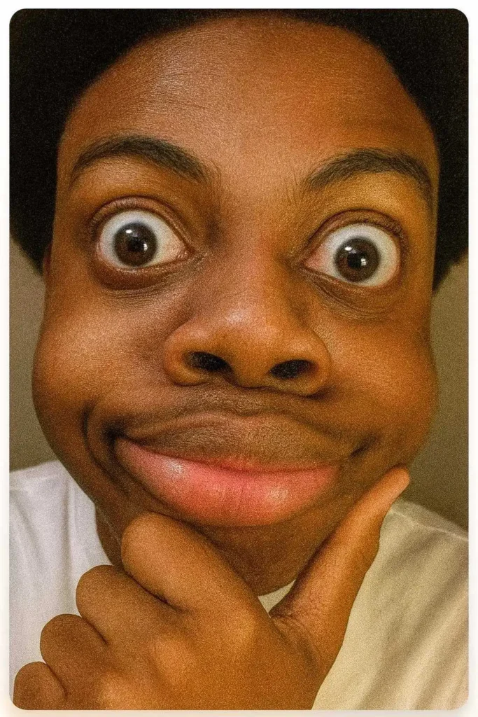 Wide-eyed goofy selfie of a person resting chin on hand with an exaggerated facial expression